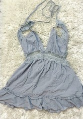 Gray Crochet & Ruffle Accent Sleeveless Sundress, V-Neck, Backless, Tie Closure
