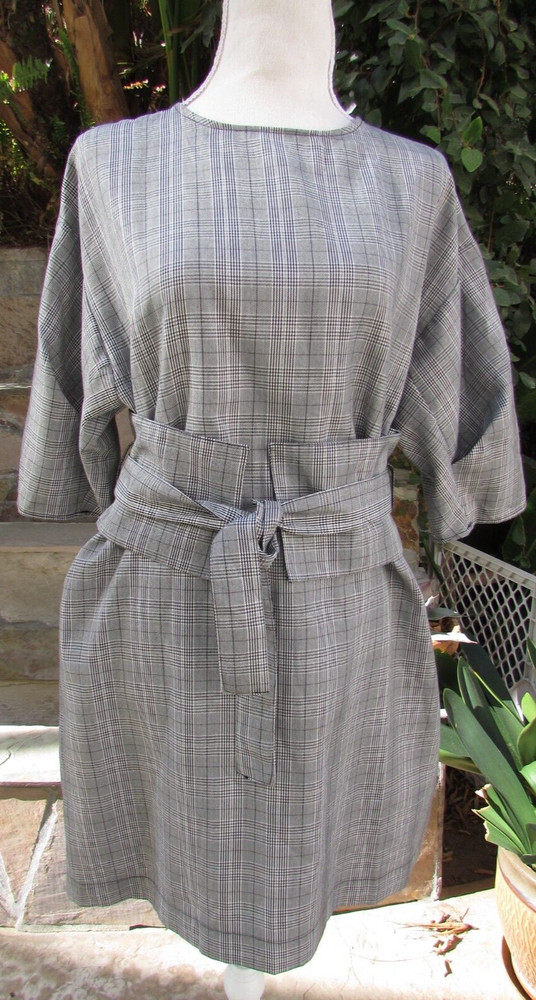 Zara Basic Collection Short Dolman Sleeve Mini Dress Gray Glen Plaid Belted Sz M