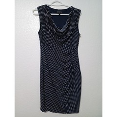 Enfocus Studio Navy Blue Polka Dot Cowl Neck Ruched Sheath Dress Womens 8 (73)