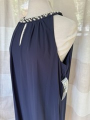S.L. FASHIONS Shift Dress Sz 16 Navy Sheer Overlay Beaded Neck Cold Shoulder NWT