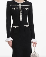 Self-Portrait Black Pearl Trim Knit Midi Dress