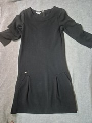 Lacoste Black Solid Scoop Neck 3/4 Sleeve Mini Dress Pleated Logo Pockets 36