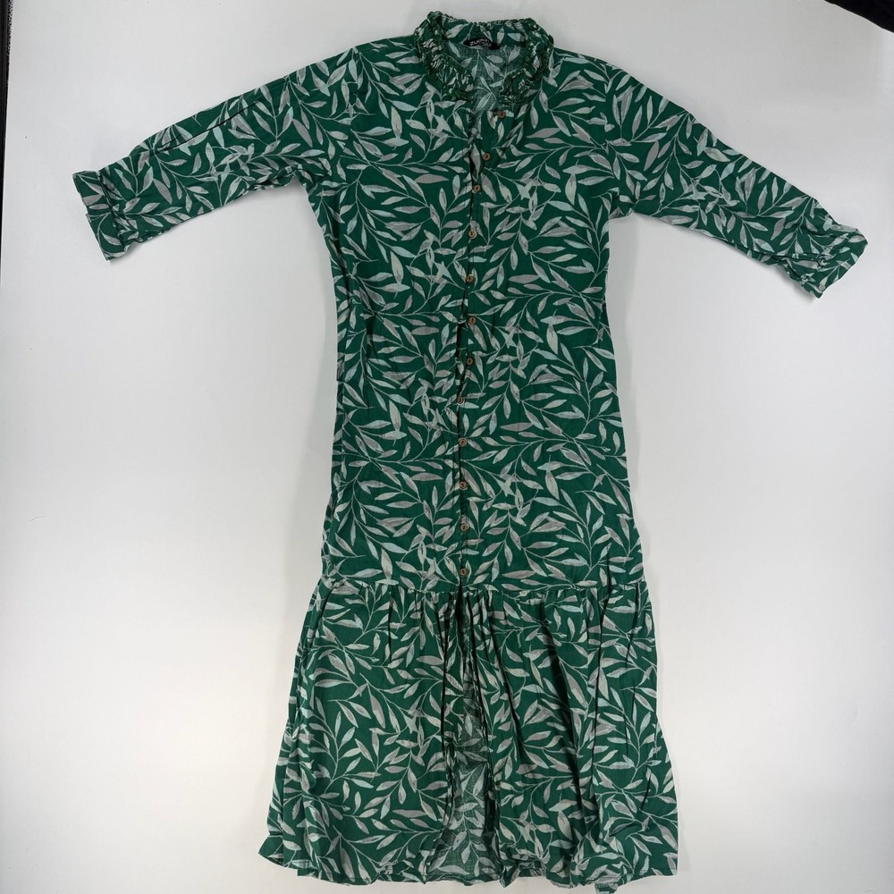0814 Small Zudio Green Leaf Print Tiered Shirt Dress