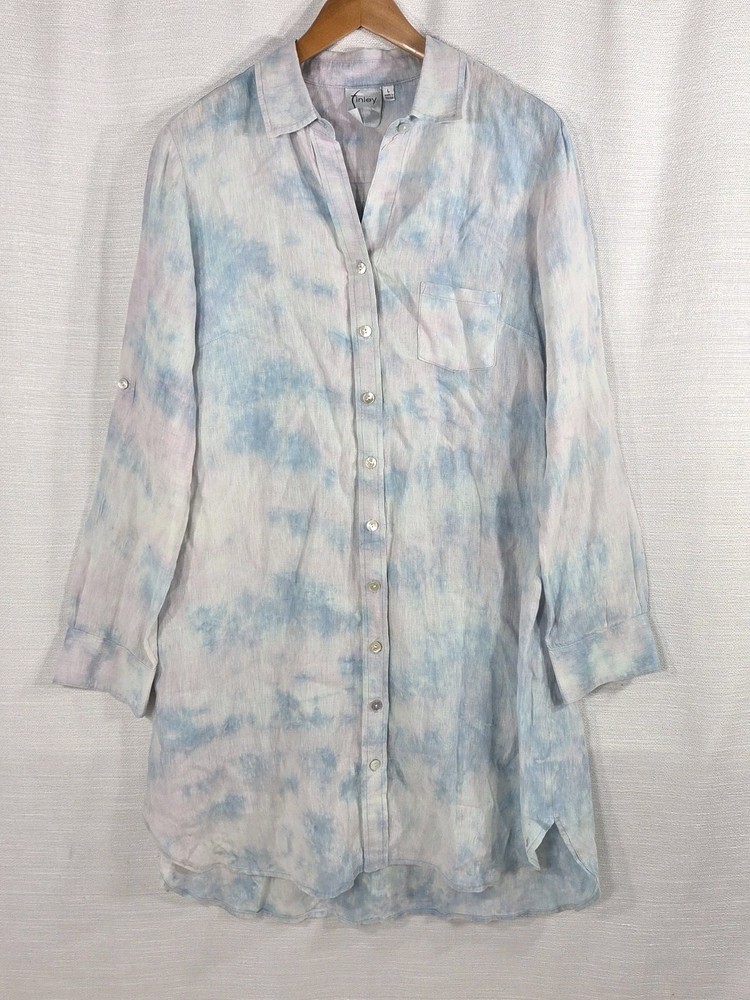 Finley Large 100% Linen Tie Dye Button Shirt Dress Blue Lavender Made USA Boho