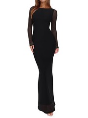 REORIA Women&rsquo;s Mesh Sheer Long Sleeve Bodycon Maxi Dress Black Onyx Large NWT