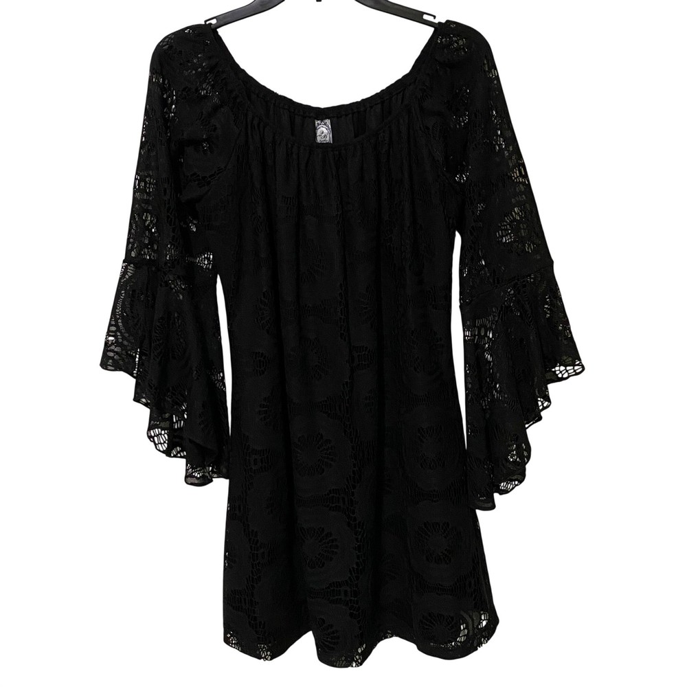 Black Lace Boho Gypsy Bell Sleeve Mini Dress L Dark Feminine Romantic Made USA