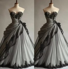 Gothic Wedding Strapless Lace Appliqued Ruched A-Line Bridal Gowns Prom Dresses