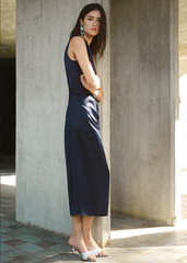 NWT MANGO MNG $90 NIGHT BLUE GATHERED DETAIL ASYMMETRICAL SATIN DRESS SZ L US 8