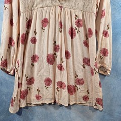 En Creme Floral Lace Boho Mini Dress XL Peach Pink Long Sleeve Crochet V-Neck
