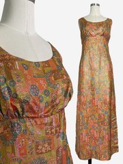 Vintage 60s Utah Mills Custom Orange geometric gold brocade maxi dress retro S