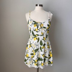 Pull&Bear Lemon Print Sweetheart Mini Dress White Yellow Green XL 9390/316/250