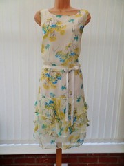 MONSOON WHITE BLUE YELLOW FLORAL SILK CHIFFON DROP WAIST 20&rsquo;S RARA DRESS 12 BNWT