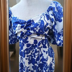 Hyacinth House Blue Floral Seaport Midi Dress Cut Out Back Romantic Puff Medium
