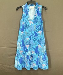 PAPPAGALLO Azure BLUE Stretch Knit RUFFLE Pocket SEA OCEAN BEACH A-Line Dress XS