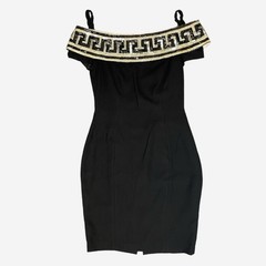 Vintage 90s AJ Bari Black off shoulder sequined top cocktail dress Greek key S