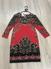 JM Collection S Fit Flare Dress Black Red Paisley Sleeveless Embellished Scoop