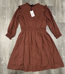 Sweet Salt Brown Check V-Neck Puff 3/4 Sleeve Smocked Lined Knee Dress L