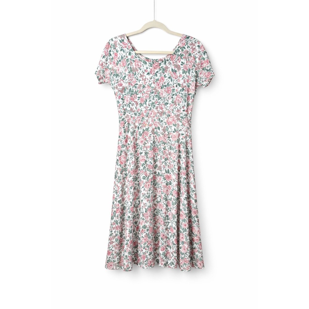 Vintage 80s 90s Rose Floral Empire Waist Midi Dress Cottagecore Romantic Sm-Med