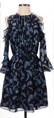 Rachel Zoe Women’s Cold Shoulder 100% Silk Dress Size 10 Black With Blue Feather