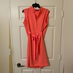 Tahari Petite Sleeveless V-Neck Coral Tie Front Pleated Back Midi Dress 12P