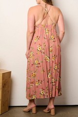 Boho Floral Halter Maxi Dress Plunging High Slit Open Smocked Back size 1X 2X 3X