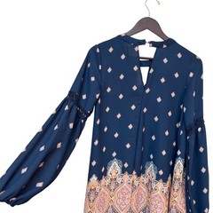 Womens Navy Medallion Print Babydoll Dress L Boho Festival Peasant Sleeve