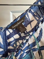 Tommy Bahama Linen Blue White Tropical Leaves Sleeveless Mini Sun Dress 12