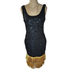As U Wish Black Sequin Gold Fringe Flapper Dress Size L Cocktail Party 1528418H4