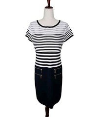 Carmen Marc Valvo Striped Knit Sheath Dress Blue White Gold Zipper Accent Sz L