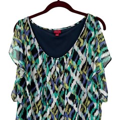 Mossimo Shift Dress XL Chiffon Split Sleeve Short Blue Green Multi Ikat Print
