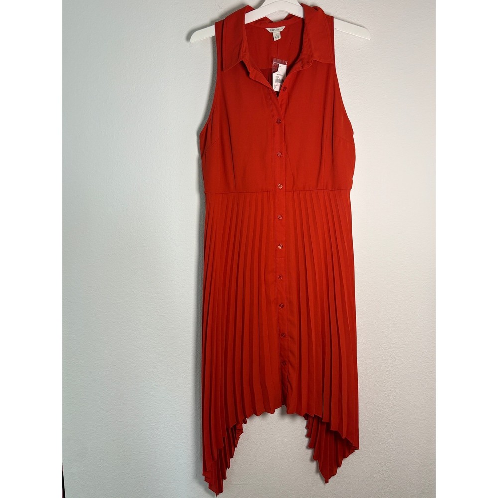 Cato Red Sleeveless Pleated Button Down Handkerchief Hem Midi Dress Large NEW
