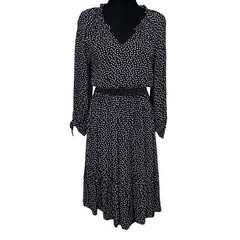 Talbots Black White Dot Retro Whimsigoth Elastic Waist Dress Tie Sleeves Small