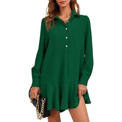 Fiseow Green Long Sleeve Shirt Dress Ruffle Hem Button Front Pocket Size M
