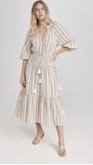 Mille Resort Tan & White Cotton Midi Dress M Boho Tiered Belt Retro Festival