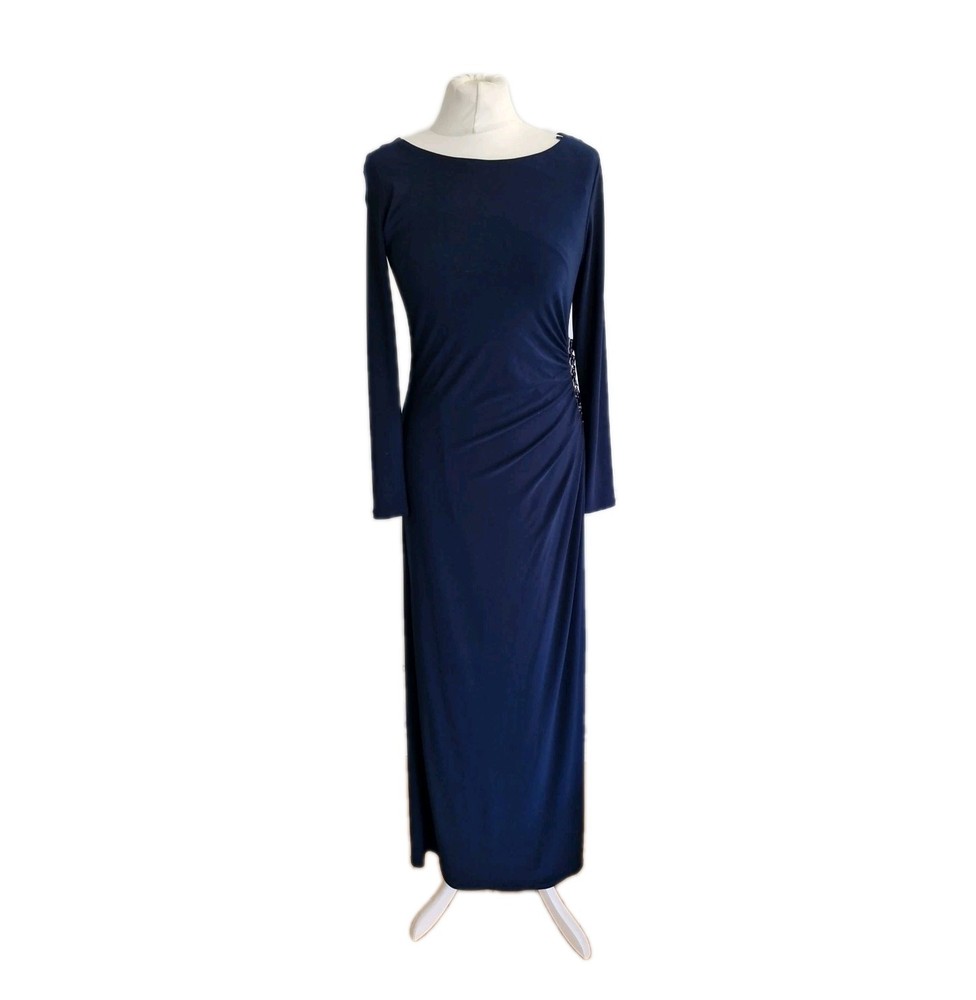 Wallis Womens Navy Side Ruched Rhinestone Occasion Jersey Midi Dress. Size UK 10