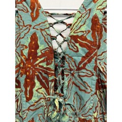 Batik Floral Midi Dress Lace Up Back Bubble Hem Teal Brown Women