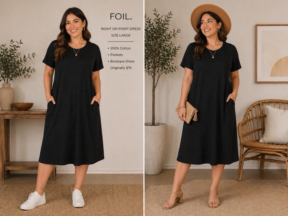 Foil Right On Point Dress L Black 100% Cotton NWT Midi Pockets Boutique