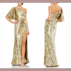 NWT Mac Duggal [ 10 ] 93540 One Shoulder Sequin Column Gown in Gold #S474