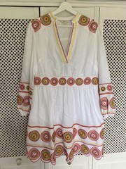 Women&rsquo;s Boden White Patterned Linen Lined Embroidered Summer Dress, 14, NEW
