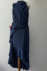 KIRUNDO dress (L) Navy Asymmetric Neckline Slvless Silky Satin Ruffled Hilo NWT