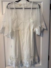 POL sheer overlay embroidered white dress. Slip dress. 3/4 bell sleeves. Large