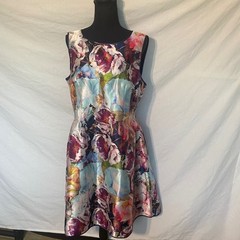 Nicole Miller New York Reversible Floral Satin Fit Flare Dress Navy Blue Size 14