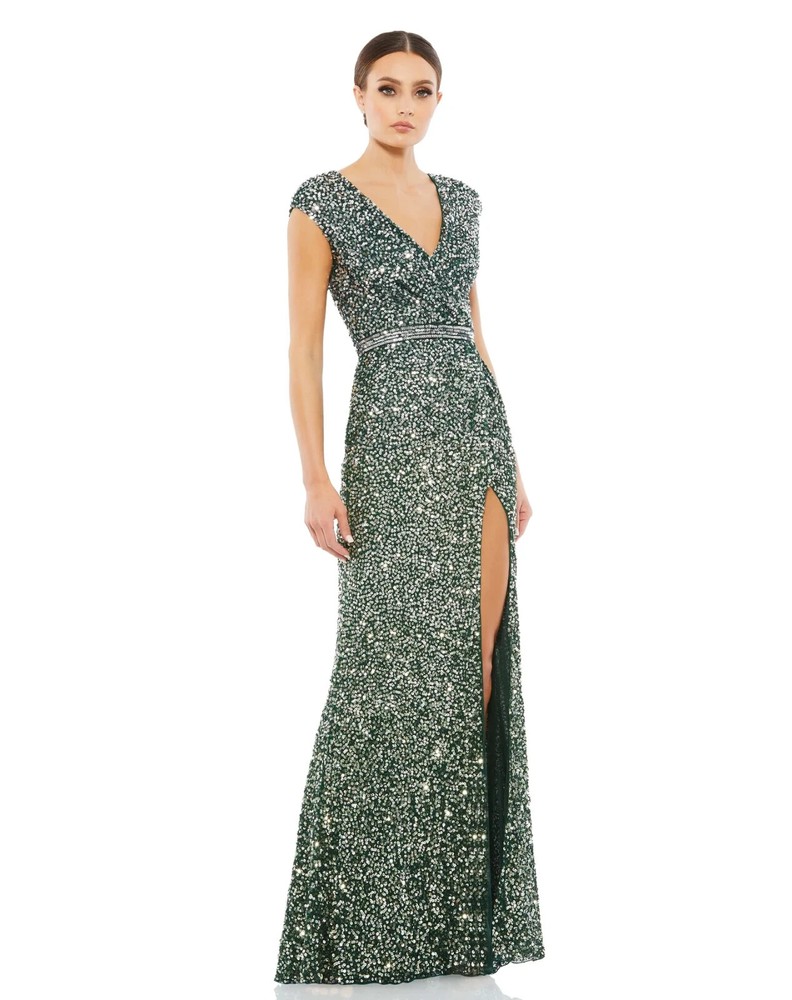 MAC DUGGAL 5489 Forest Green Sequin Beaded High Slit Ruched Maxi Gown Dress 12