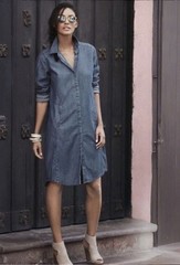 Eileen Fisher Denim Tencel Cotton Mini Shirtdress Medium Chambray High-Low Hem