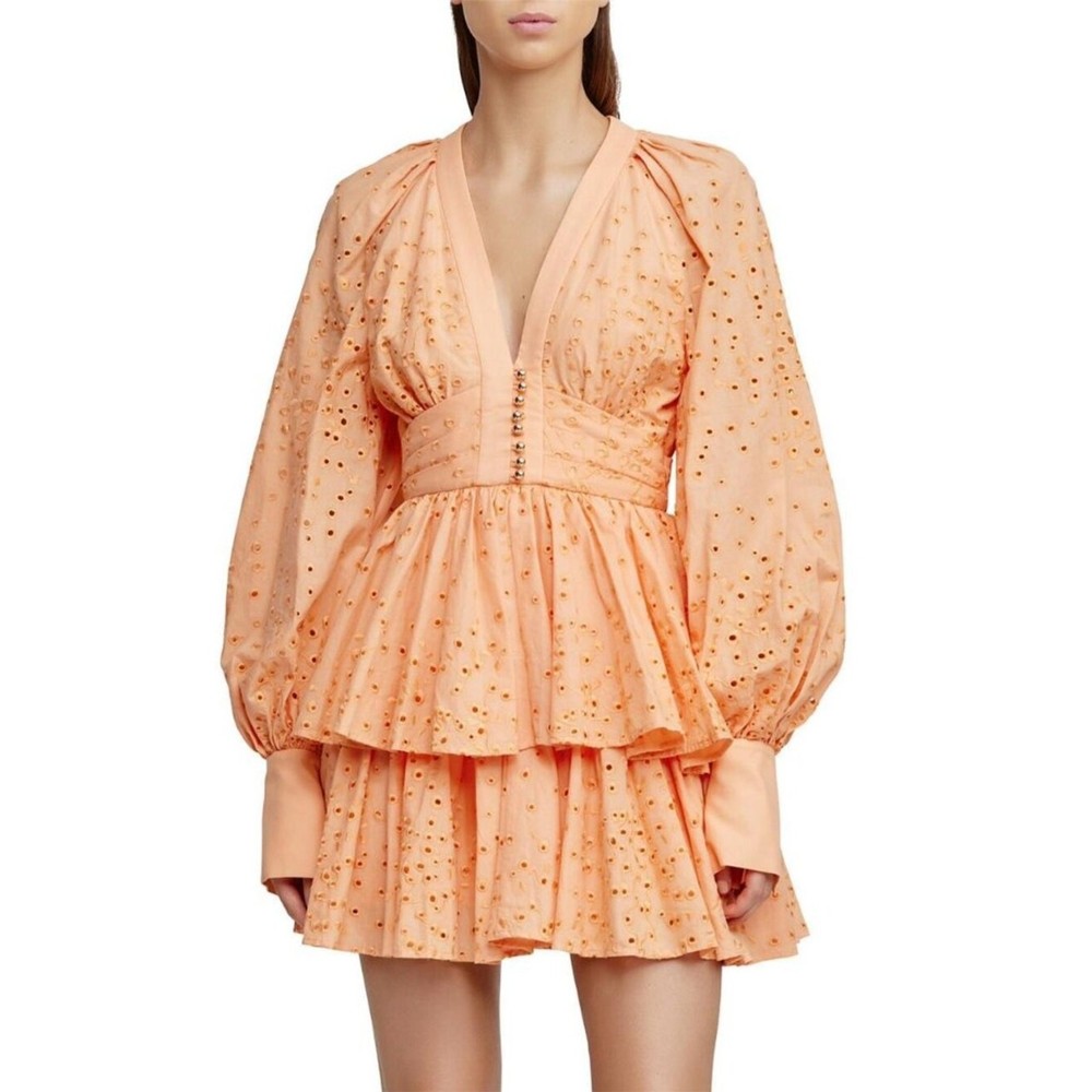 NWT Acler Amelia Linen-Blend Ruffle Dress US6/AUS10 apricot mini embroidered