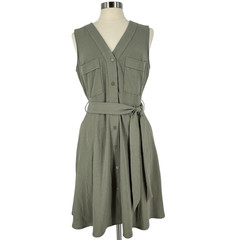 DKNY Sleeveless Button Front Belted Dress Pockets Olive Green Women&rsquo;s 12 Utility