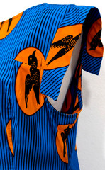 MAE OTTI Authentic African Print Mini Dress BIRDS Blue Black Stripe Size XL EUC*