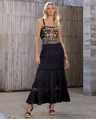 BOSTON PROPER Sequin Gold Floral Embroidered Lace Inset Tiered Smocked Maxi M