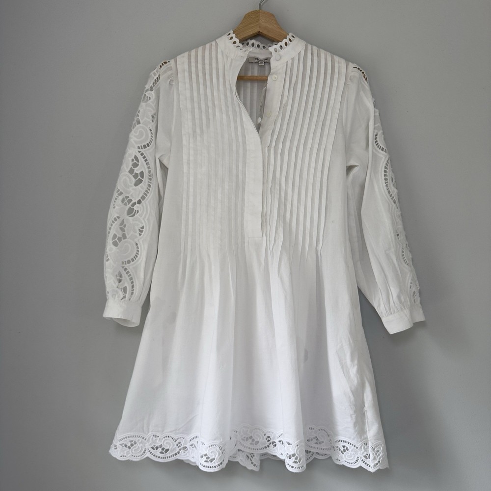 NWT Madewell Sz XXS Pintucked Eyelet Mini Dress White Embroidery Cotton NU568