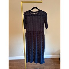 Navy Blue Sheer Mesh Midi Dress Short Sleeve Crew Neck M Layering Minamalist